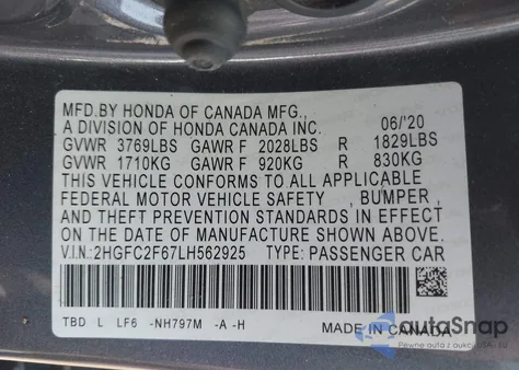 2020 Honda Civic Lx from USA, damaged, VIN 2HGFC2F67LH562925